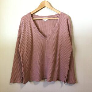 Dusty Pink V-Neck Long Sleeve Waffle Shirt